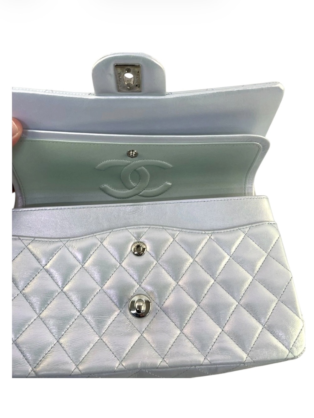 CHANEL Iridescent Light Blue Classic Double Flap Medium Silver Hardware Rare - Picture 7 of 8